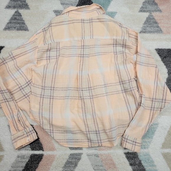 Free People Oversized Cropped Plaid Button Down Shirt Size Medium - Picture 6 of 11